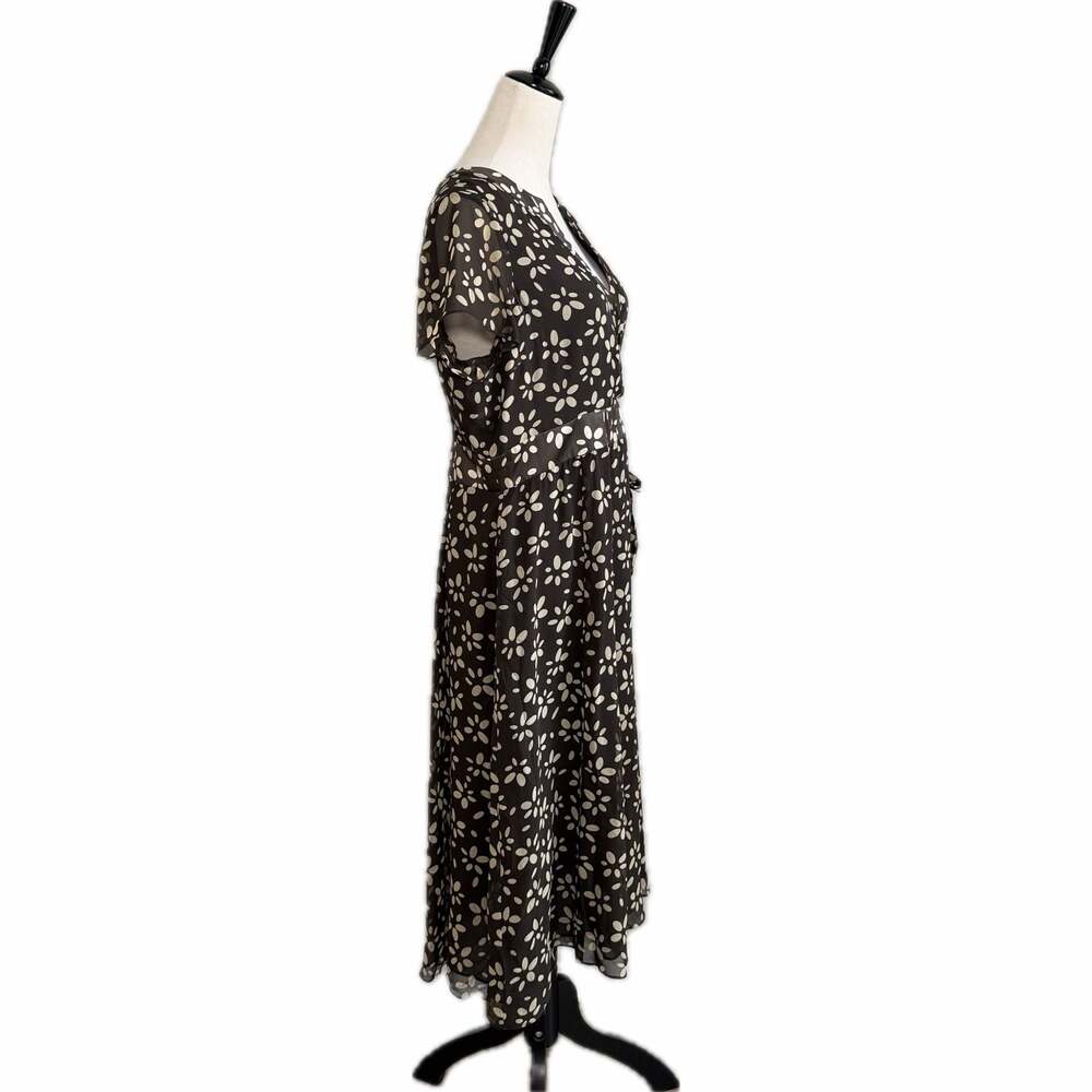 Talbots Petites Pure Silk Black and Cream Floral Print Faux Wrap Midi Dress - Picture 5 of 11